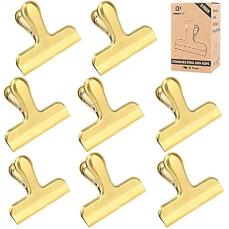 Pack of 8 Shiny Gold Bag Clips, Stainless Steel and Heavy Duty Metal Bag Clip,Tightly Seals Chip, Co | Amazon (US)