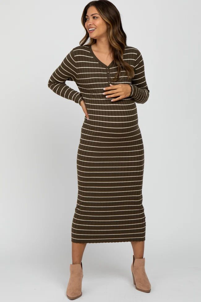 Olive Ribbed Striped Maternity Midi Dress | PinkBlush Maternity