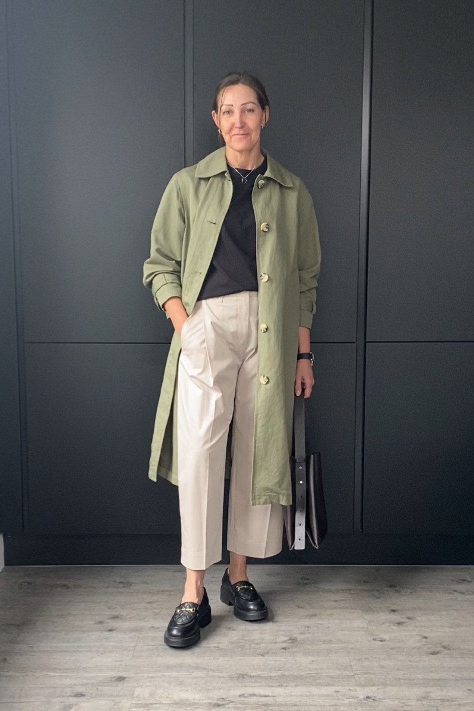 Cos barrel leg trousers with an Arket linen coat, boxy tee and chunky loafers. 