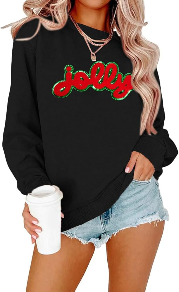 ASTANFY Christmas Sequins Sweatshirts Women Jolly Glitter Patch Crewneck Sweater Xmas Long Sleeve... | Amazon (US)