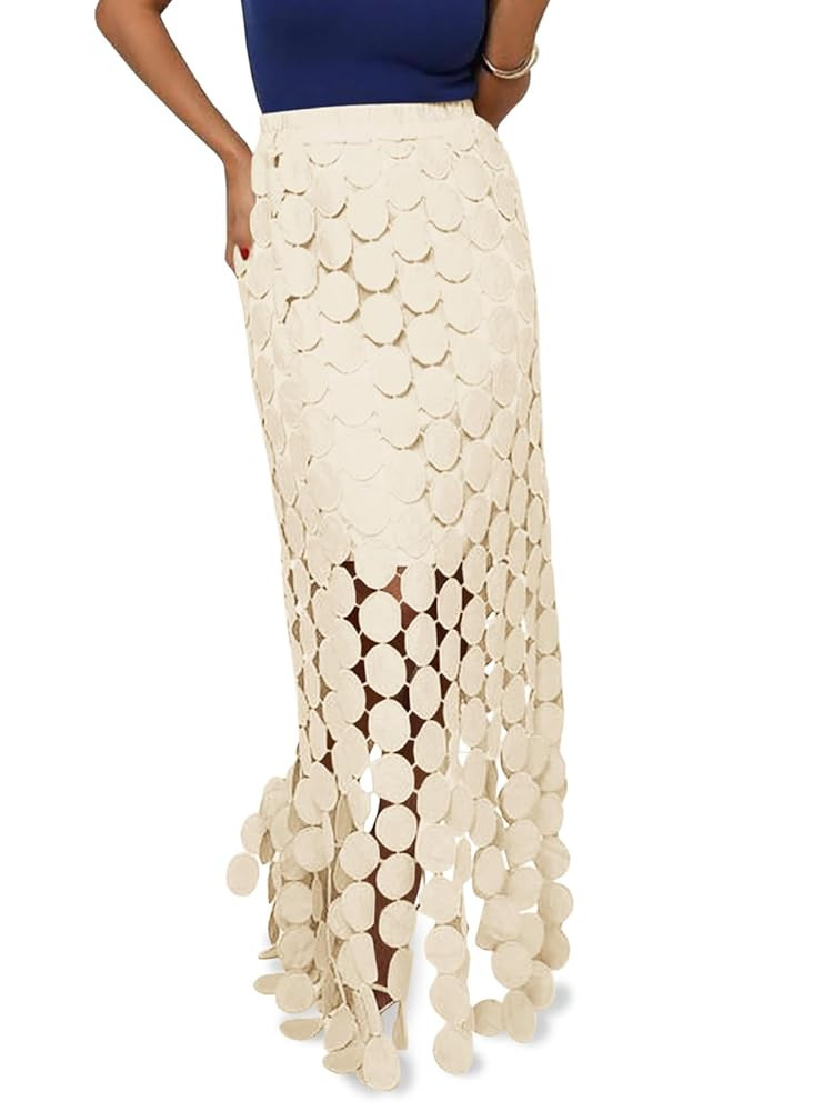 Cicy Bell Womens Hollow Out Maxi Skirts Summer High Waisted Boho Fringe Hem Long Skirt | Amazon (US)