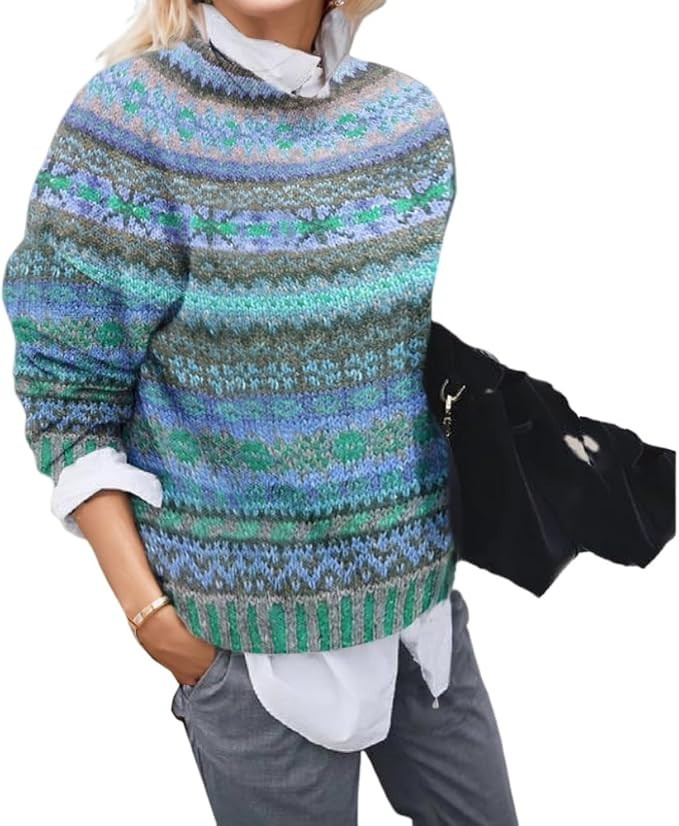 Women's Boho Fair Isle Pattern Long Sleeve Crewneck Sweater Lightweight Cozy Fall Winter Knitwear... | Amazon (US)