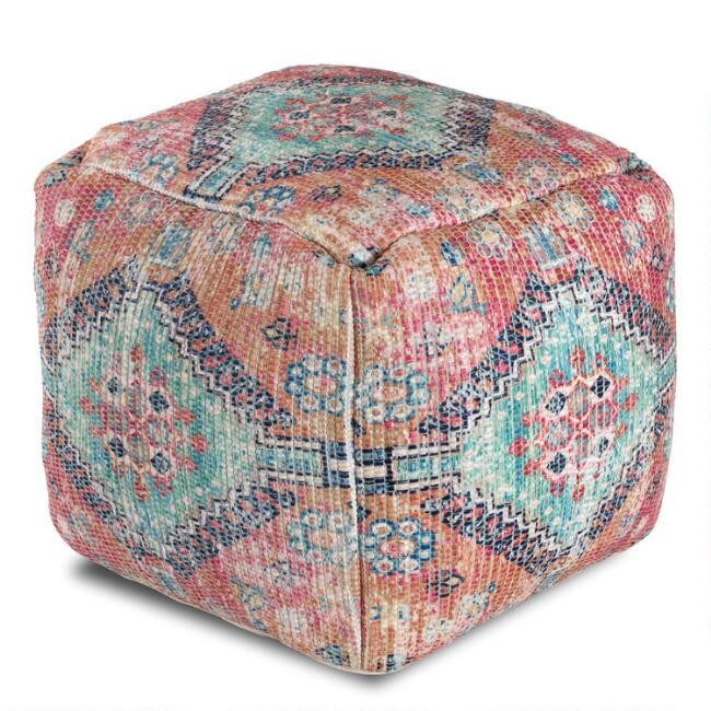 Square Orange And Blue Vintage Medallion Pouf | World Market