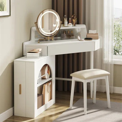 Corner Makeup Vanity Desk With Mirror & LED Lights, Modern Vanity Set With Mirror And Stool, Dressing Table With Large Storage For Small Place, Bright | Wayfair North America