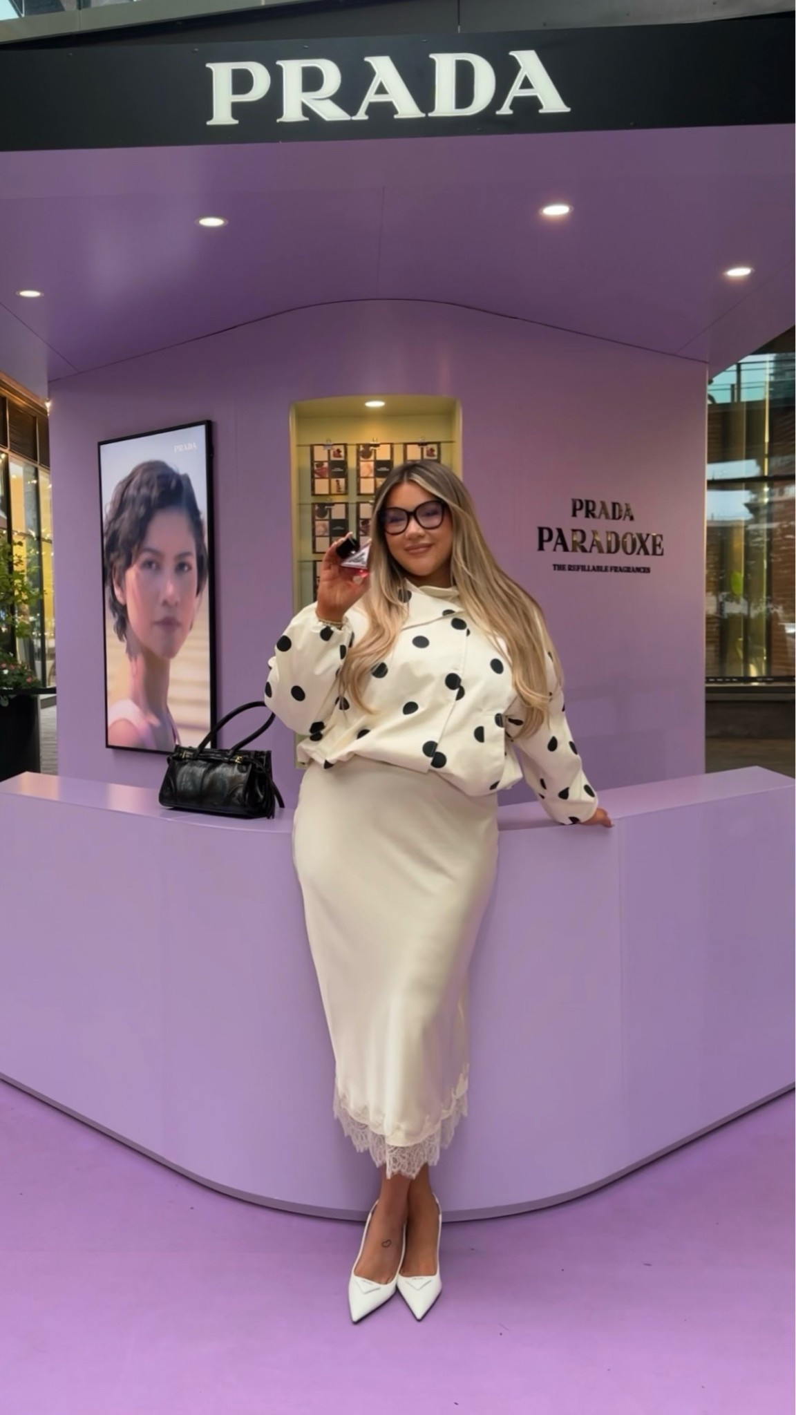 Polls dot jacket, satin lace midi skirt, prada heels, prada perfume, midsize

#LTKMidsize #LTKBeauty