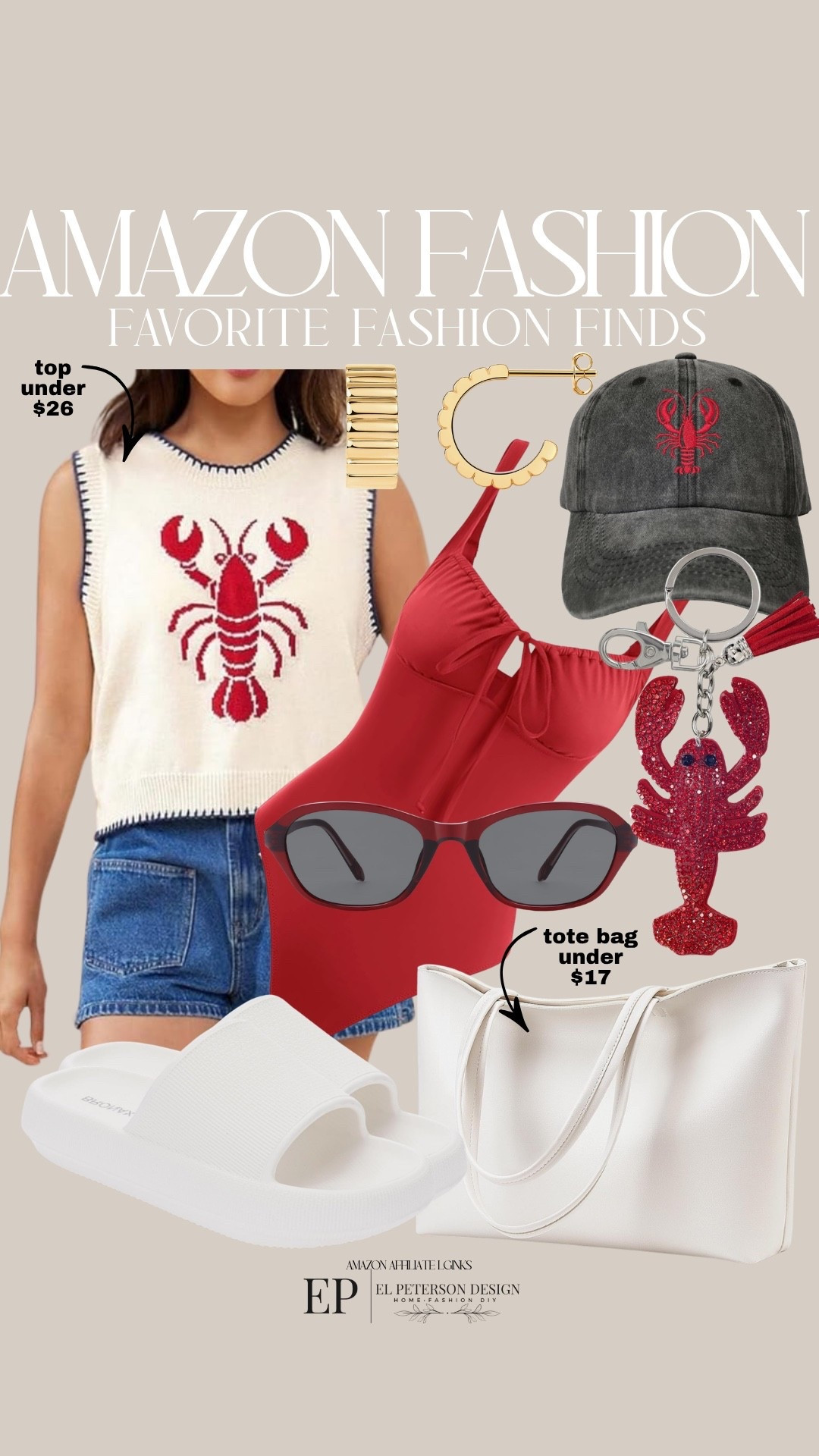 Amazon
Top
Cap
Bathing suit
Tote bag
Sunglasses
Keychain
Sandals
