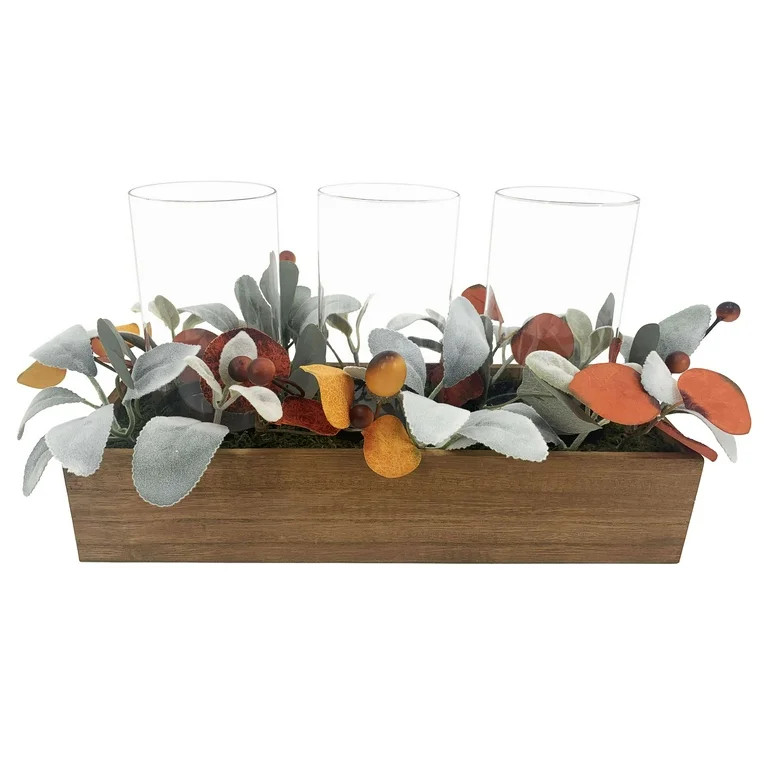 Mainstays 3-Piece Autumn Harvest Clear Glass Hurricane Candleholder Centerpiece with Wood Box | Walmart (US)