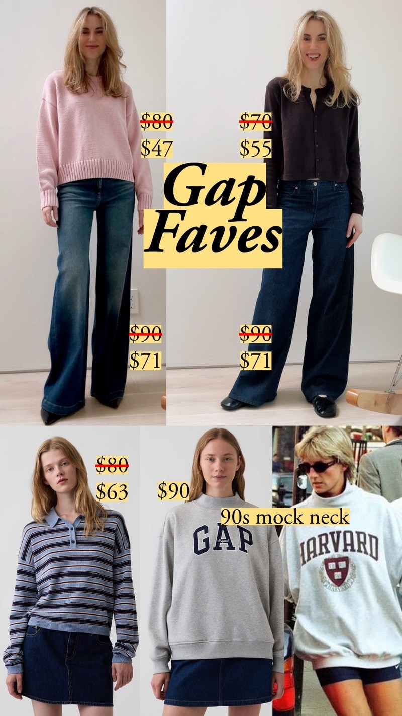 Gap's jeans beat out styles that cost 2-3x as much – as long as you stick to solid washes (darks, or solid dyes like a neutral or black). I'm wearing the Stride Wide on the top right. They're really close to Khaite's Dane style, which is $680. My wash is OOS. The cotton sweaters hang beautifully, grazing the body rather than creating bulk as cotton can. I'm impressed with the button placket on the striped polo, and the stripes in general give that 90s skater look in sophisticated colors. The jeans come in petite and tall sizes, and there are curvy options. It feels great to have so many options from this classic American brand.

#LTKootd #LTKSeasonal #LTKSaleAlert