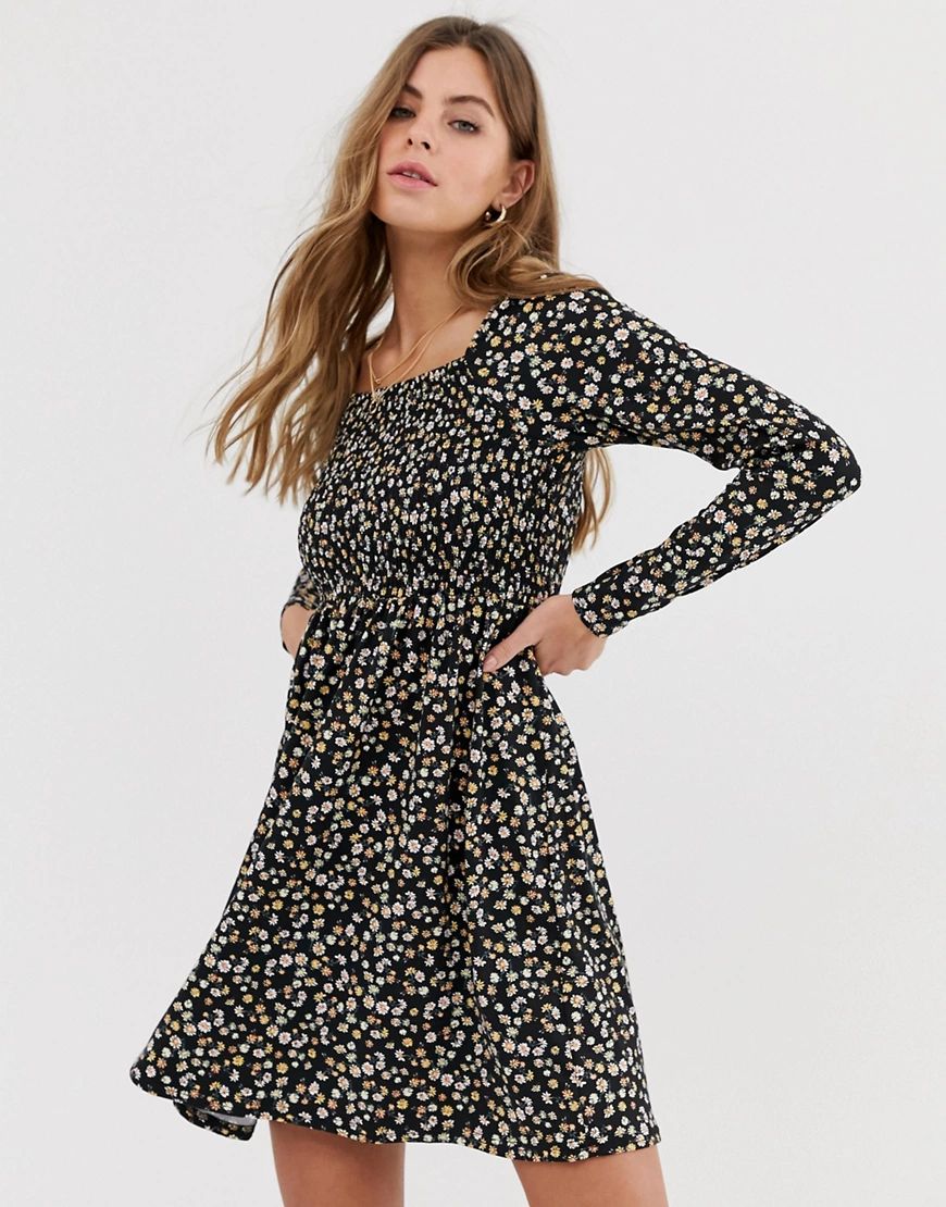 New Look long sleeve ditsy dress in dark florals-Multi | ASOS (Global)