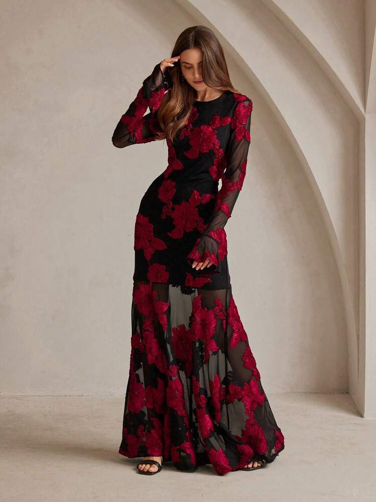 Anewsta Red & Black Floral Embroidery Backless Mermaid Dress, Elegant & Romantic, Suitable For New Year, Valentine's Day | SHEIN