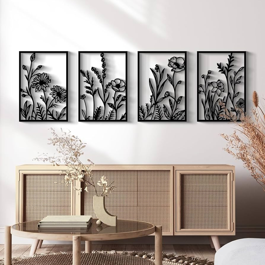 Glamativity 4 Pcs Black Abstract Flowers Metal Wall Art, Minimalist Floral Single Line Wall Déco... | Amazon (US)