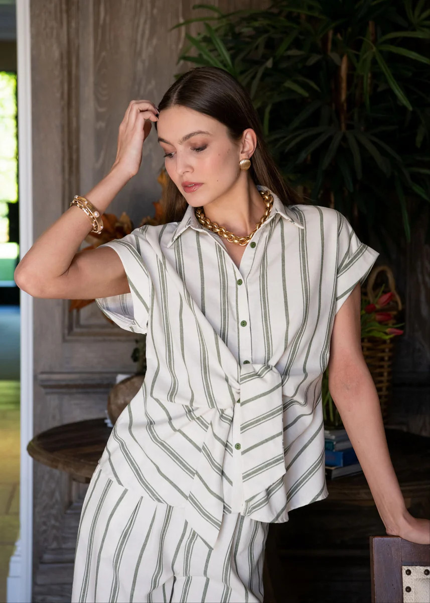 Millicent Green and White Stripe Collared Wrap Top | Benaar La