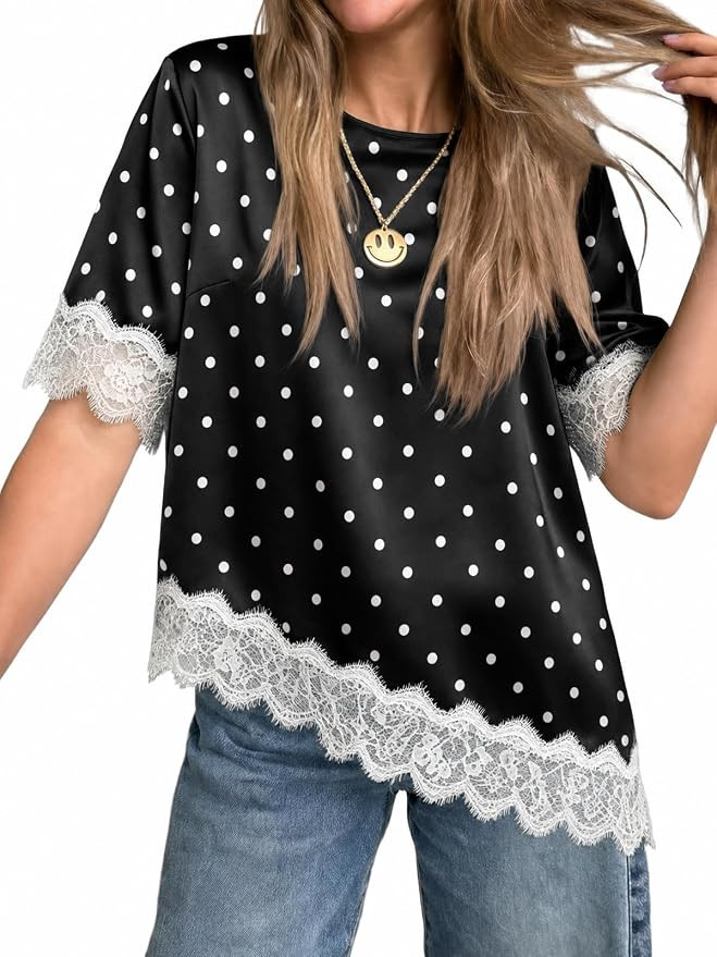 Tankaneo Womens Satin Silk Blouse Short Sleeve Lace Top Asymmetrical Shirts | Loose Fit,Summer To... | Amazon (US)