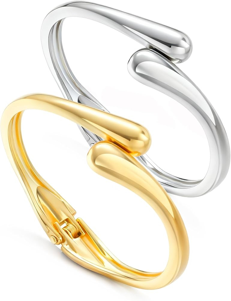 Chunky Gold Bangles Bracelet for Women Trendy, 2 Pcs Dainty Thick Cuff Bracelet Stack Jewelry Gol... | Amazon (US)