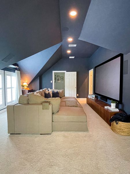 Home theater, media room, pit couch, lovesac, large couch, transitional decor, modern organic style, home styling, moody room.



#LTKhome