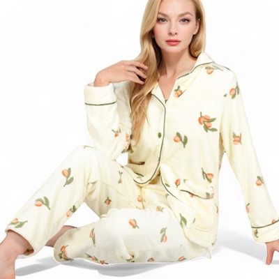 Anna-Kaci Lounge Women's Fruit Print 2-Piece Pajama Set with Soft Plush Fabric and Piping Trim Details - Small, Light Beige | Target