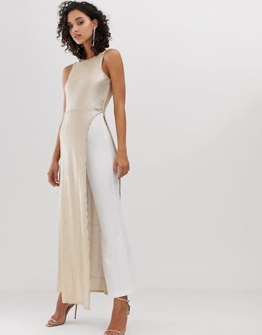 River Island sequinned jumpsuit in white and gold | ASOS US