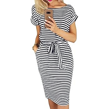 PRETTYGARDEN Womens Short Sleeve Crewneck Striped Basic Solid Tie Waist Office T Shirt Dress | Amazon (US)