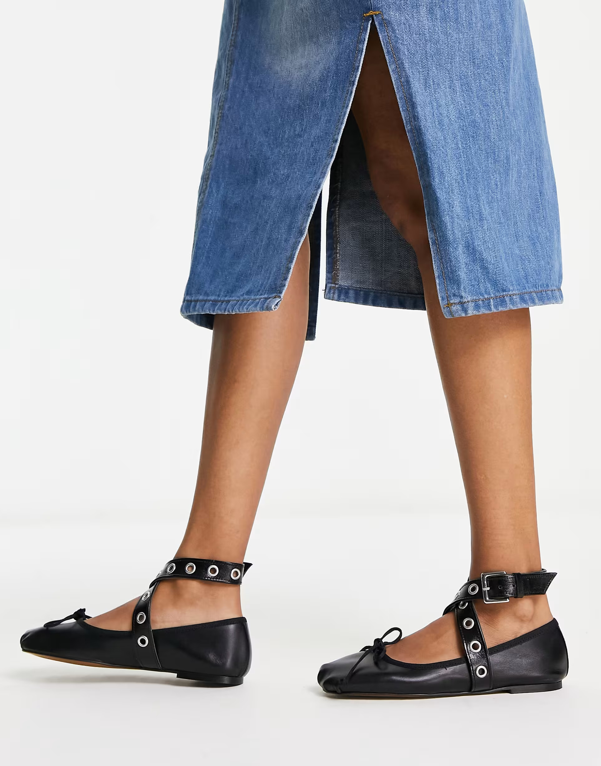 ASOS DESIGN Legend premium soft leather cross strap ballet with hardware in black | ASOS (Global)