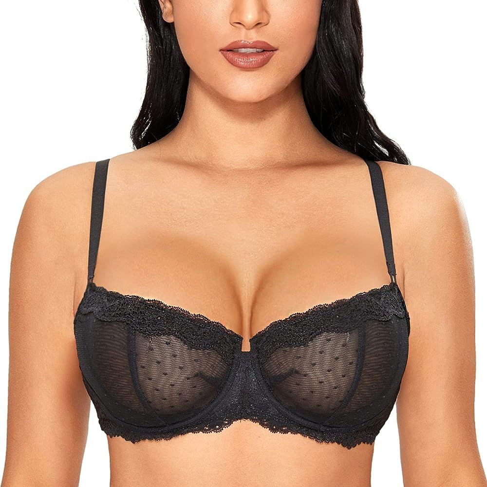 DOBREVA Women's Sexy Lace Bra Underwire Balconette Unlined Demi Sheer Plus Size | Amazon (US)