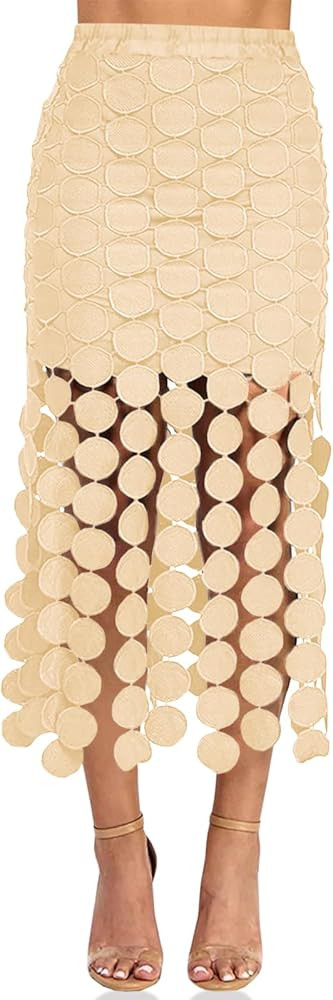 Cicy Bell Womens Hollow Out Maxi Skirts Summer High Waisted Boho Fringe Hem Skirt Beach Vacation ... | Amazon (US)