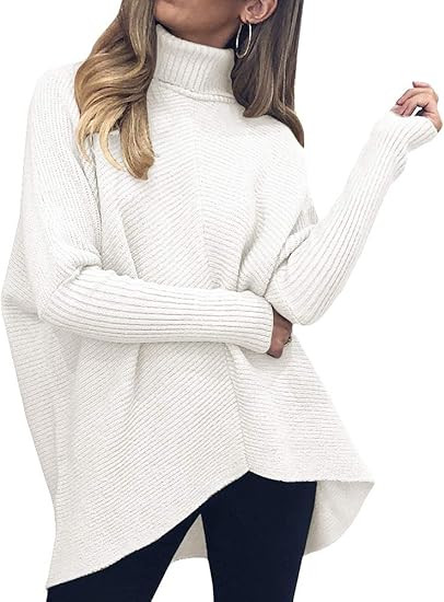 Nulibenna Womens Turtleneck Long Batwing Sleeve Knit Sweater Asymmetric Hem Chunky Pullover Winte... | Amazon (US)