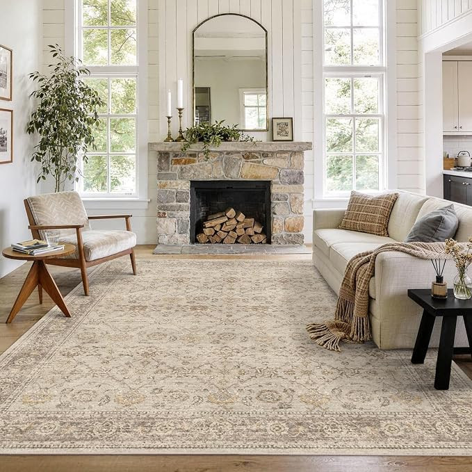 8x10 Washable Boho Area Rug, Beige Farmhouse for Living Room Carpet | Soft Easy Clean Vintage Neu... | Amazon (US)
