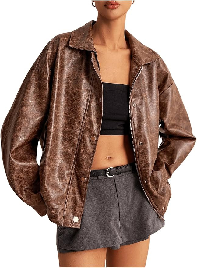 Women's Y2K Faux PU Leather Jacket Oversized Vintage Shacket Button Front Zip Up Motorcycle Jacke... | Amazon (US)