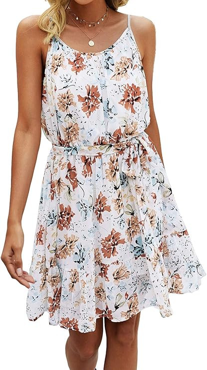 PRETTYGARDEN Women’s Summer Spaghetti Strap Dresses Floral Print Crewneck Sleeveless Ruffle Min... | Amazon (US)