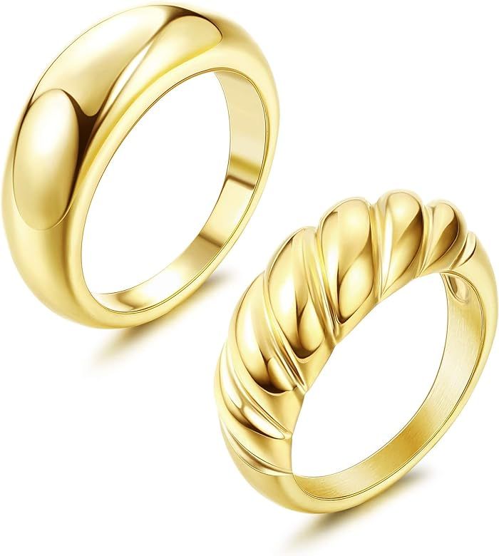 Milacolato Thick Dome Chunky Rings for Women 14K Gold Plated Croissant Braided Twisted Signet Min... | Amazon (CA)