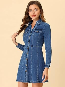 Allegra K Women's Denim Dress Button Down Collar V Neck Long Sleeve A-line Cotton Jean Dress | Amazon (US)