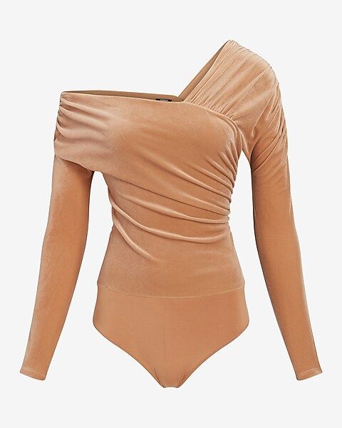 Body Contour Velvet Off The Shoulder Asymmetrical Wrap Thong Bodysuit | Express