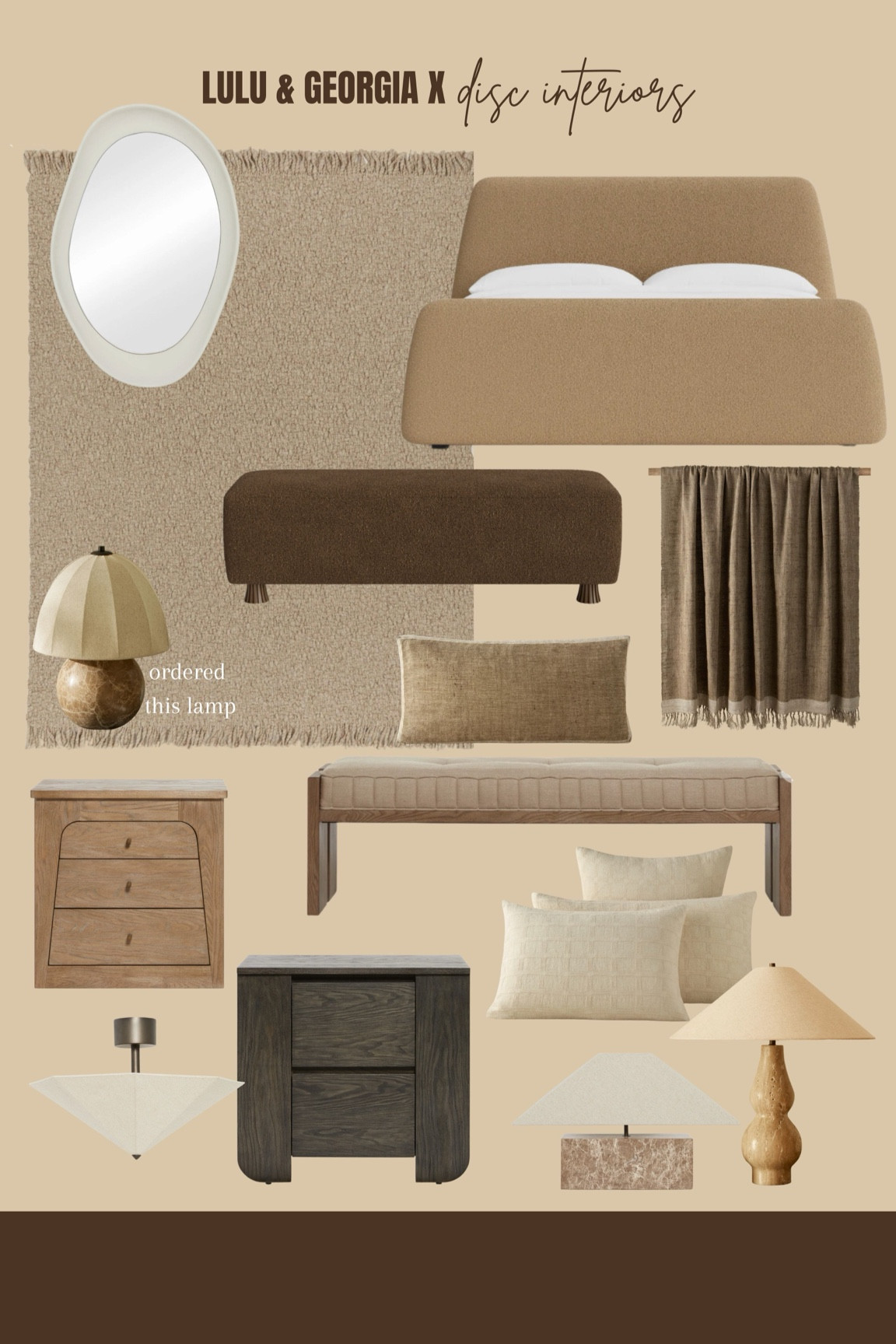 lulu and georgias new collection with disc interiors! obsessed with everything ended up ordering the lamp! 

bedroom inspo, bedroom decor, bedframe, nightstands, bedding, area rug, bench, table lamp

#LTKHome