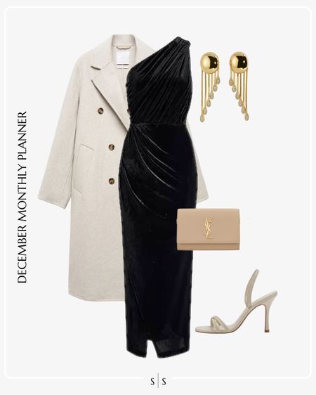 Monthly outfit planner: DECEMBER: Winter looks | wool top coat, one shoulder maxi dress, handbag clutch, silver metallic heel, drop earrings, Holiday outfit, party outfit, New Years outfit, Christmas 

See the entire calendar on thesarahstories.com ✨ 

#LTKHoliday #LTKstyletip