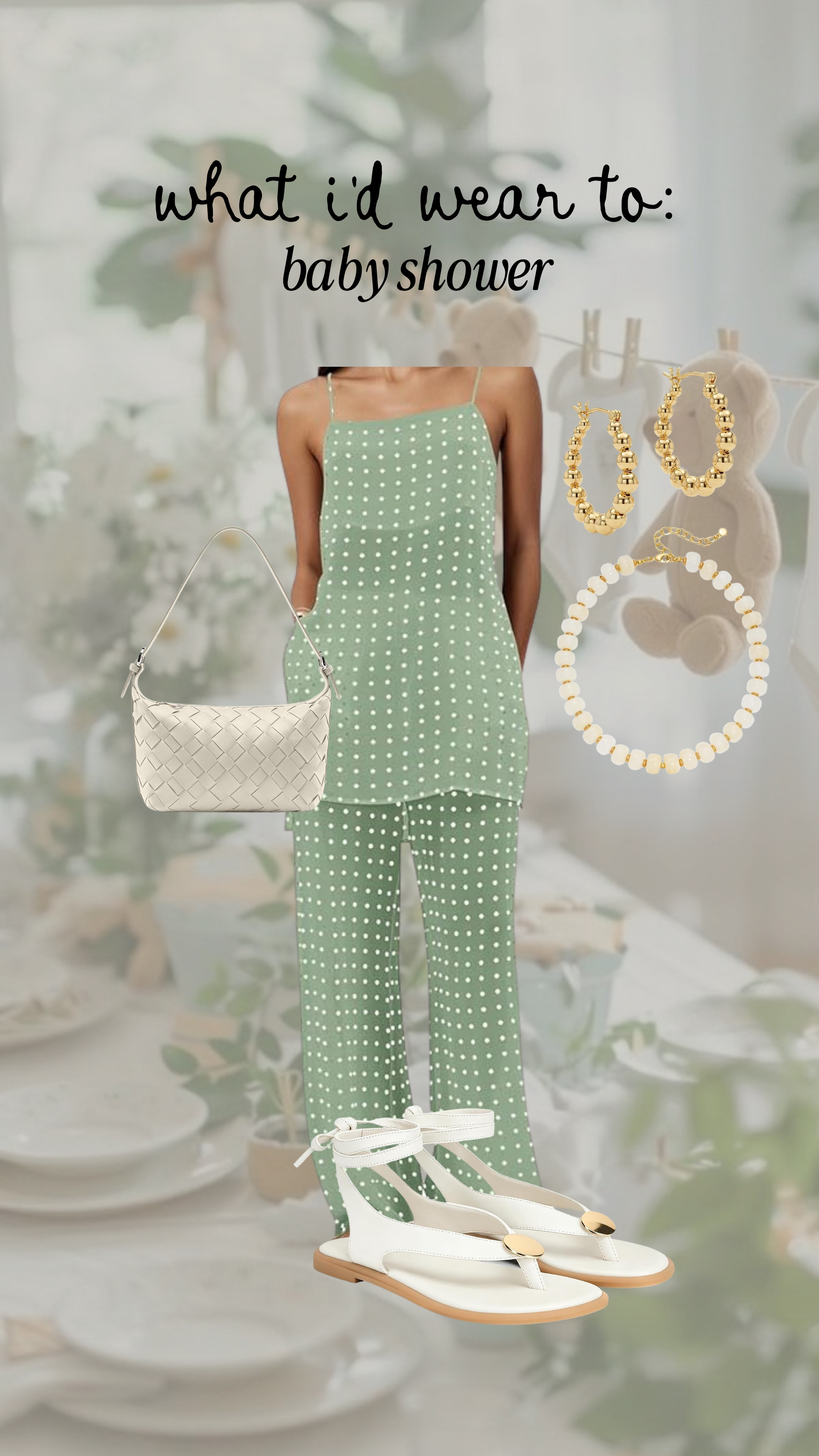 Love this set for a baby shower! The sandals are gorgeous!

purse, beaded necklace, gold earrings 

 #LTKgrwm #LTKootd #LTKMidsize
