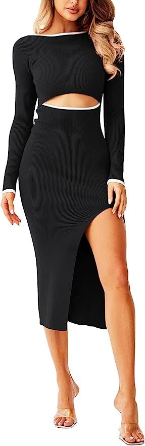 Pink Queen Women's Crew Neck Long Sleeve Side Slit Cutout Bodycon Ribbed Knit Sweater Midi Dress | Amazon (US)