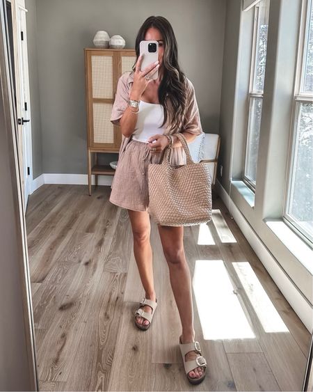 Neutral target two piece set…lightweight and perfect for summer ! Sz small in shorts and medium in top button down can be worn as a cover up or set
White tanks sz small
Sandals tts 
Amazon tote bag and sunnies 
Target style liveloveblank Kim blank
#LTKitbag 



#LTKFindsUnder50 #LTKTravel #LTKStyleTip