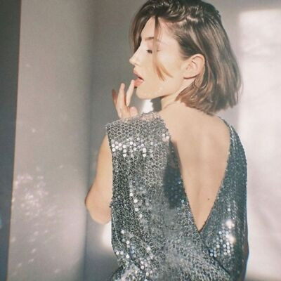 BLOGGER!!! Zara Wrap Silver Sequin Metallic Mirror Structured Draped Dress sz S | eBay US