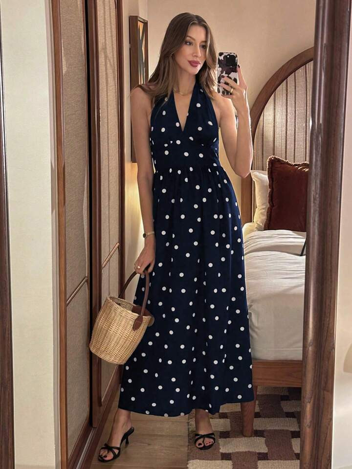 Pariaura French Casual V-Neck Halter Tie Waist Flare Hem Vintage Black & White Polka Dot Print Dr... | SHEIN