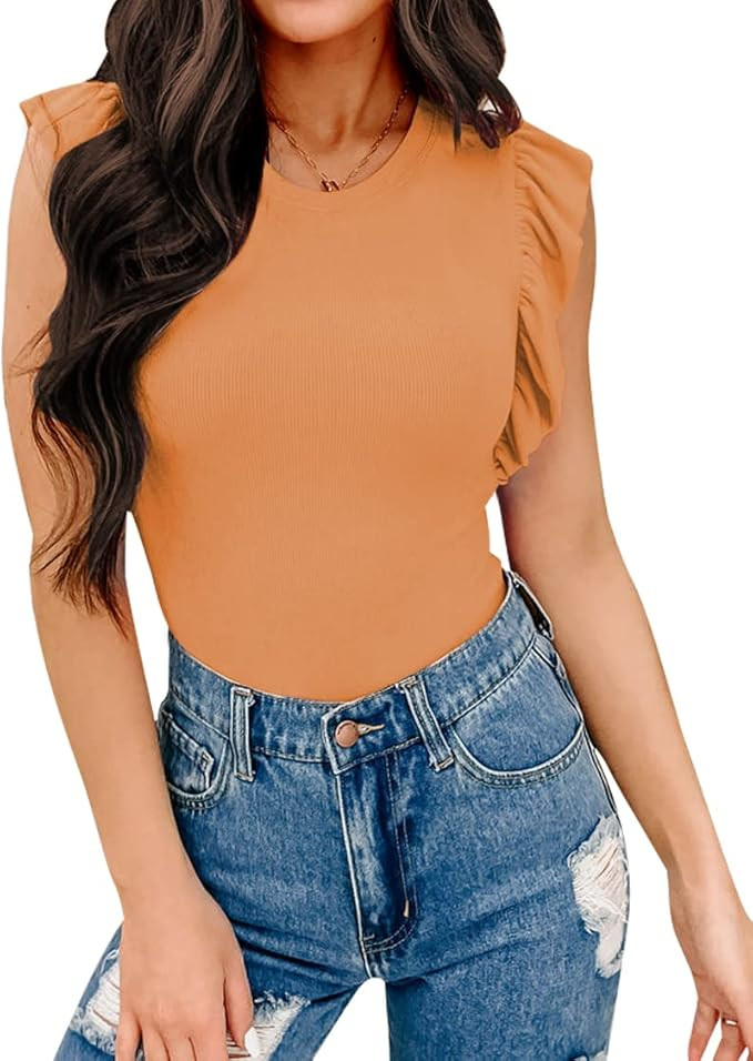 WAYMAKER Women's Sleeveless Crew Neck Ribbed Ruffle Bodysuit Tank Tops | Amazon (US)