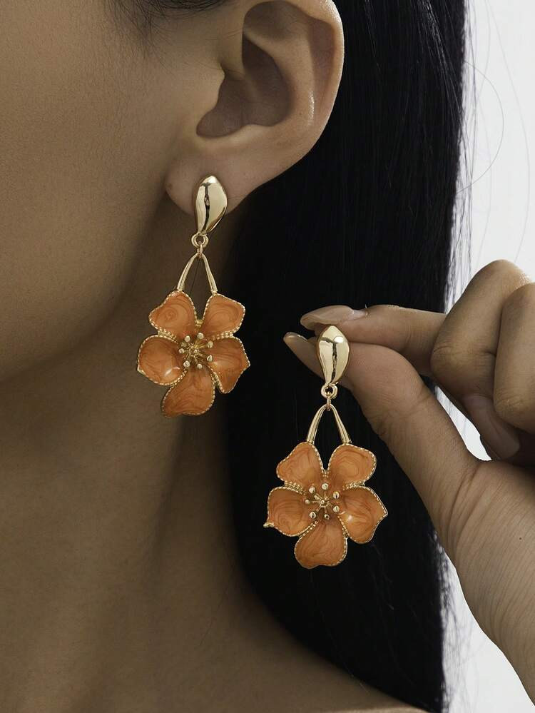 1 Pair Summer Elegant & Chic Orange Oil Drop 5-Petal Flower Pendant Earrings For Women, Suitable For Daily Wear, Dates, Travel & Vacation, Easily Matched | SHEIN