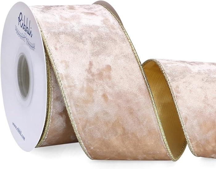 Ribbli Champagne Velvet Wired Ribbon 2.5 Inch Metallic Champagne Gold Crushed Velvet Christmas Ri... | Amazon (US)