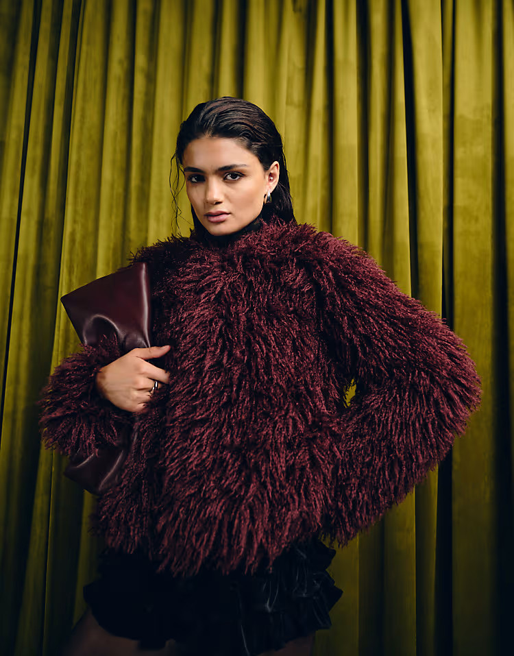 ASOS DESIGN cropped faux fur jacket in burgundy | ASOS (Global)