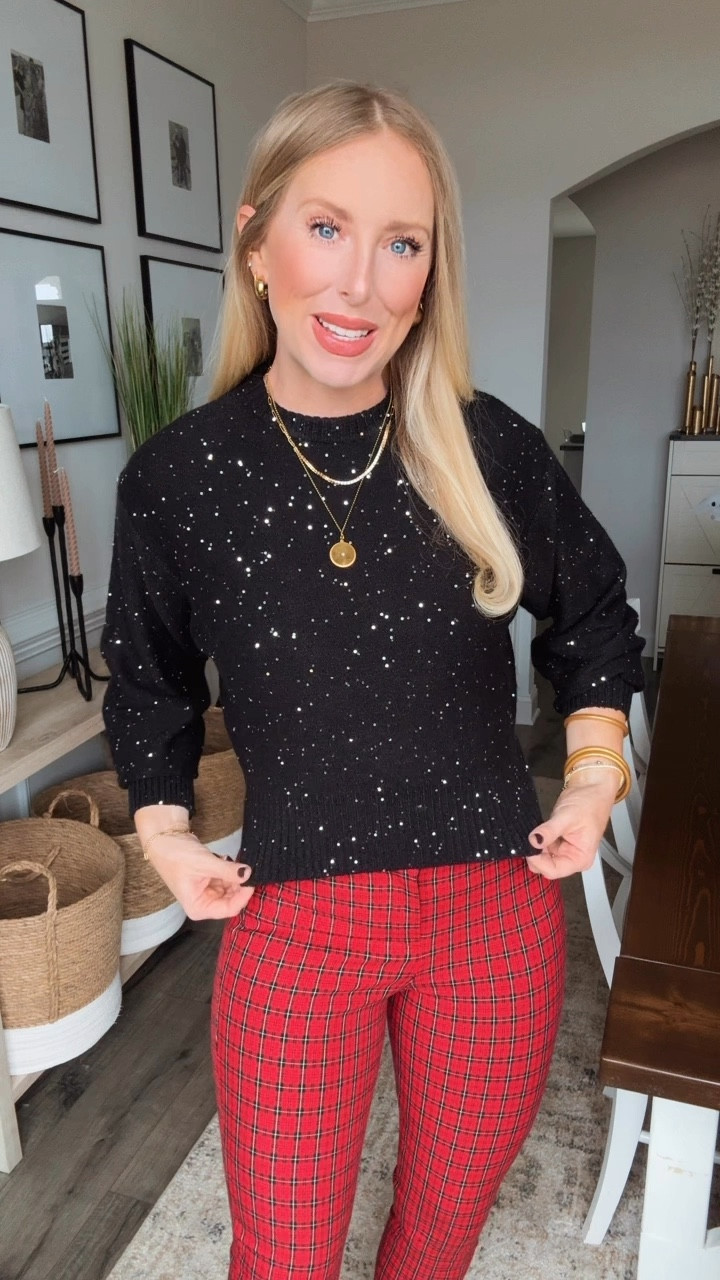 Old navy sequin sweater and plaid pants 50% off on sale!! 

#LTKFindsUnder50 #LTKSaleAlert #LTKHoliday