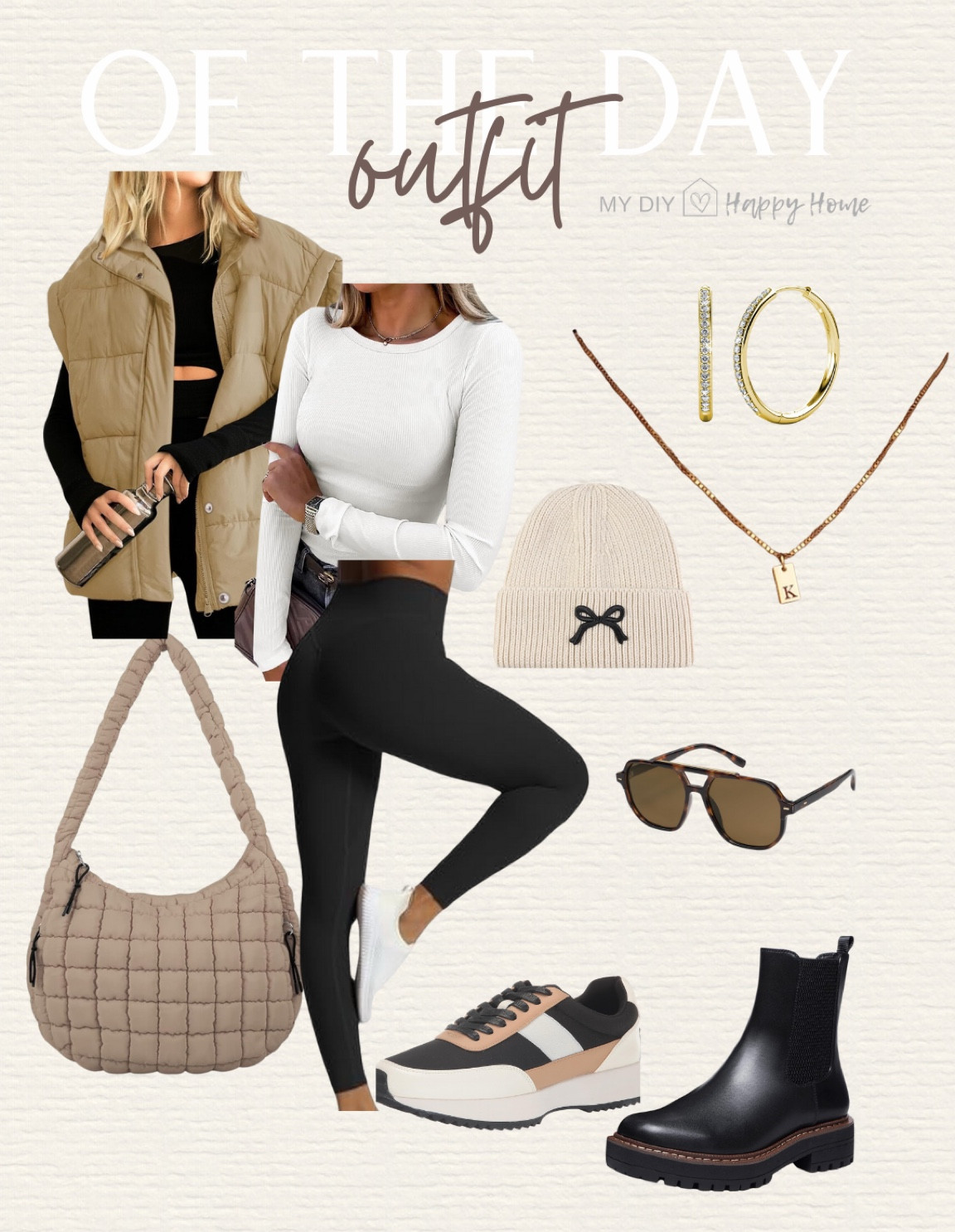 Comfy OOTD

Puffer vest 
Long sleeve tee 
Leggings 
Sneakers or boots
Bow beanie
Puffer bag
Initial necklace 
Earrings 