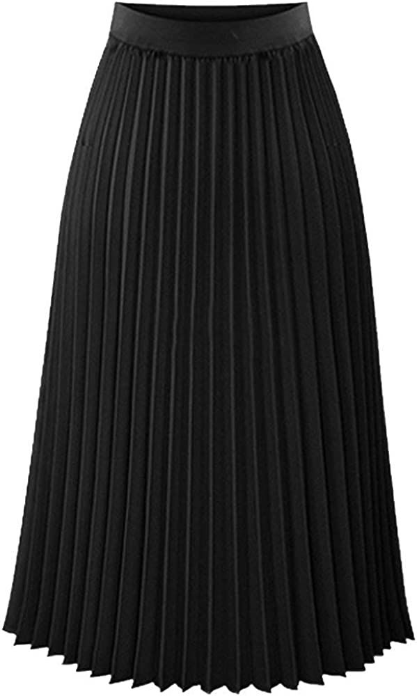 TEERFU Womens Pleated Midi Skirt,High Waist Swing Boho Pleated Skirt Casual Chiffon Elastic A-lin... | Amazon (US)