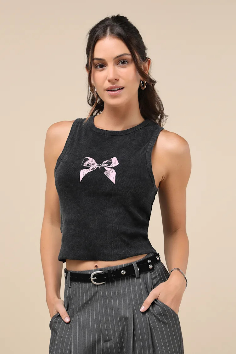 Adorable Edge Black Washed Bow Print Raw Hem Top | Lulus
