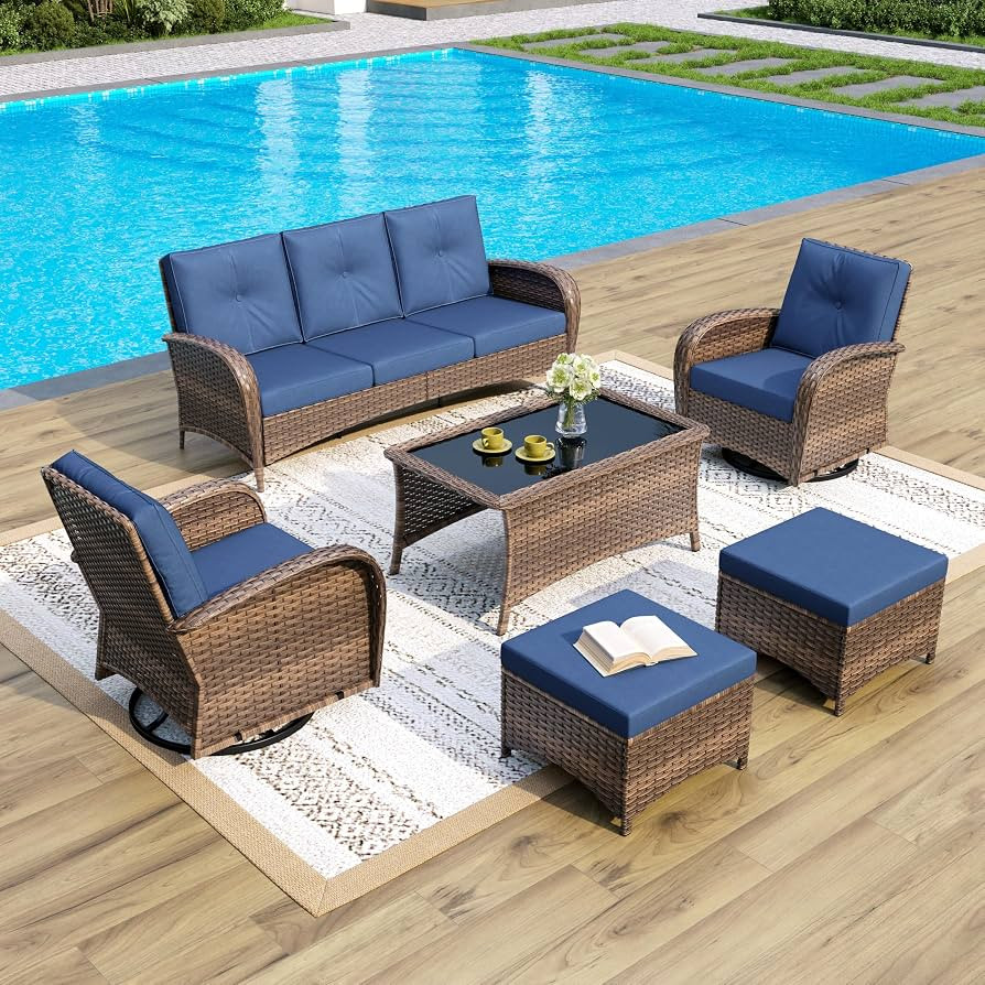 Wicker Patio Furniture Set with Swivel Chairs and Large Rectangular Coffee Table, High Back Outdo... | Amazon (US)