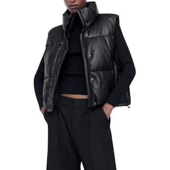 Uaneo Womens PU Leather Cropped Puffer Vest Winter Faux Leather Zip Up Sleeveless Jacket | Amazon (US)
