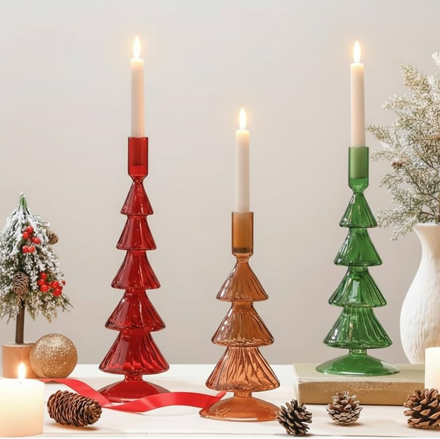 Mumufy 3 Pcs Christmas Tree Taper Candle Holder Christmas Glass Candlestick Holders Xmas Tree Can... | Amazon (US)